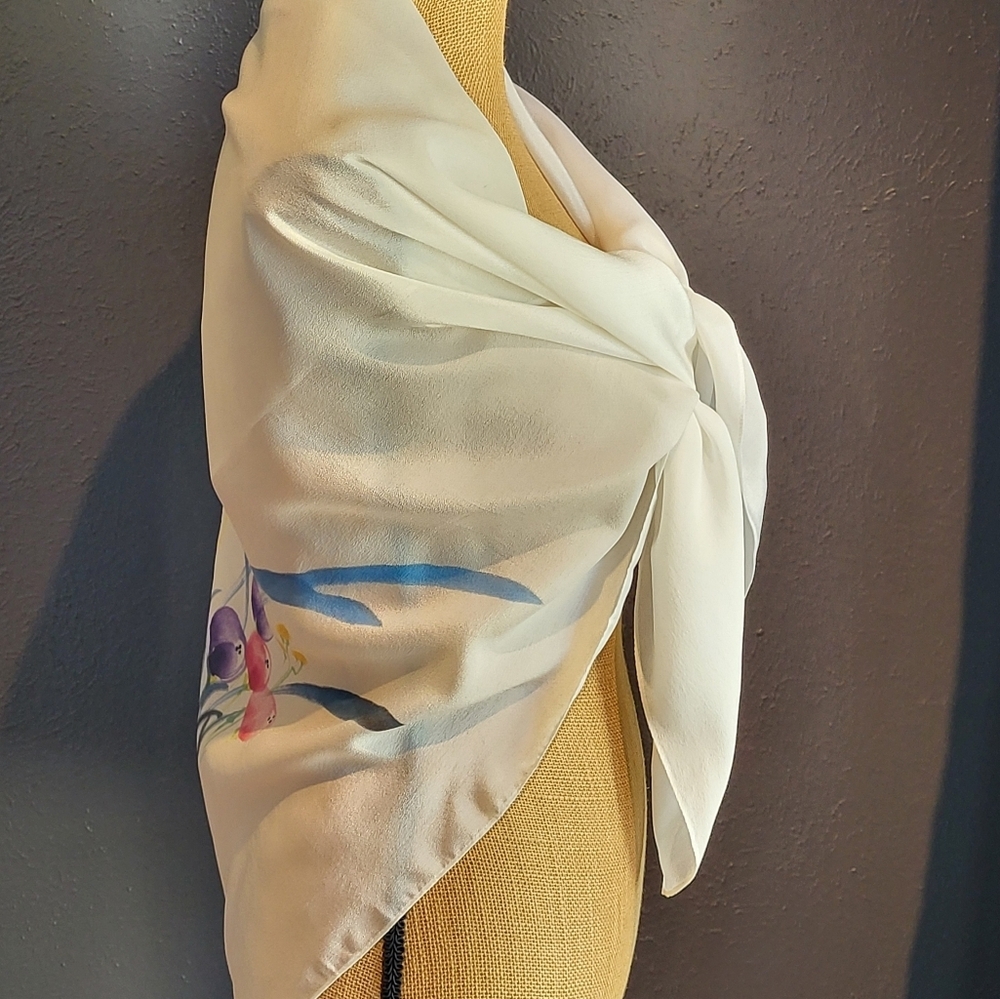 Unbranded White Silk Scarf/Wrap With A Watercolor Floral Design - Picture 6 of 11